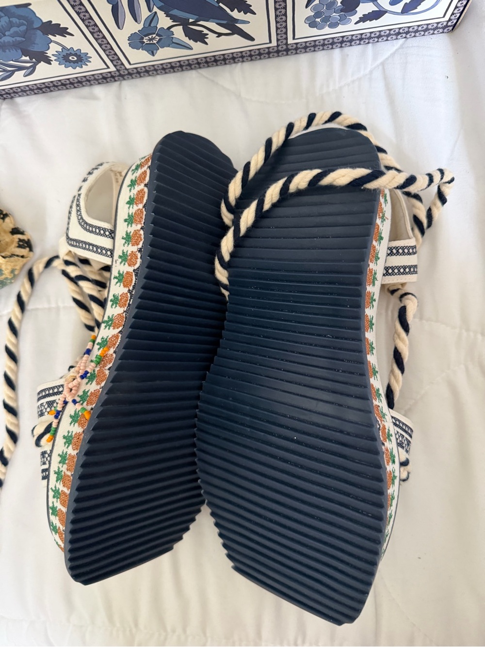 FARM Rio Cream and Navy Woven Rope Platform Sandal with Pineapple Trim - Picture 7 of 9